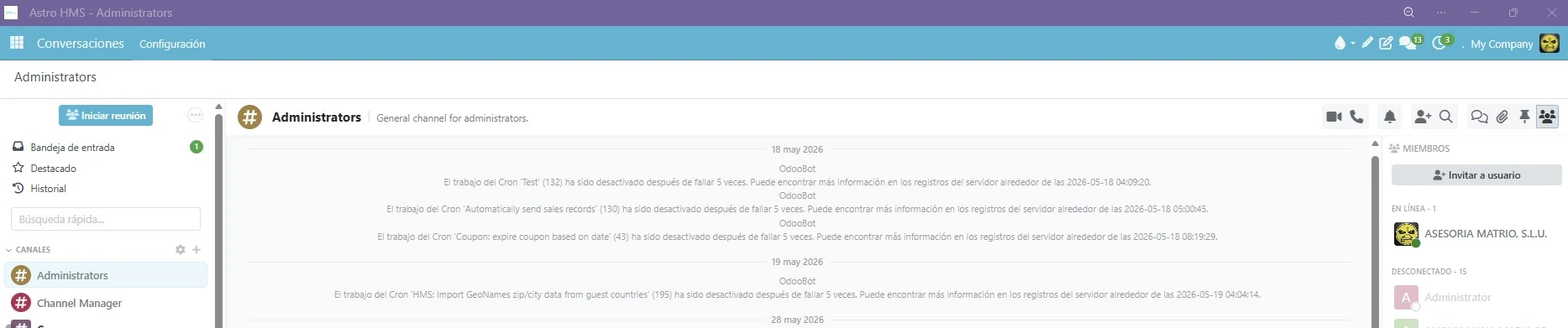 Odoo Astro HMS entorno